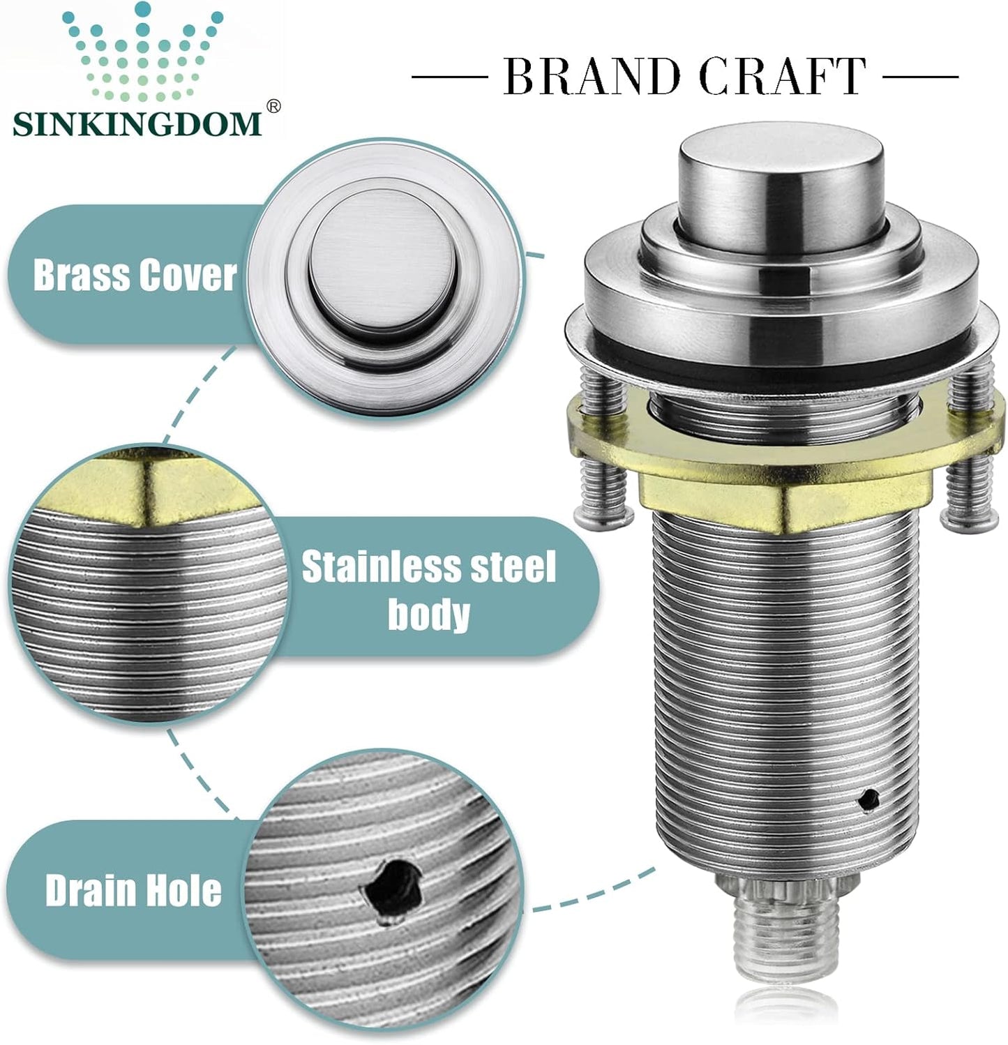 SinkTop Air Switch Kit (Long Full Brass Button) for Disposal, Dual Outlet, (Brushed Nickel)