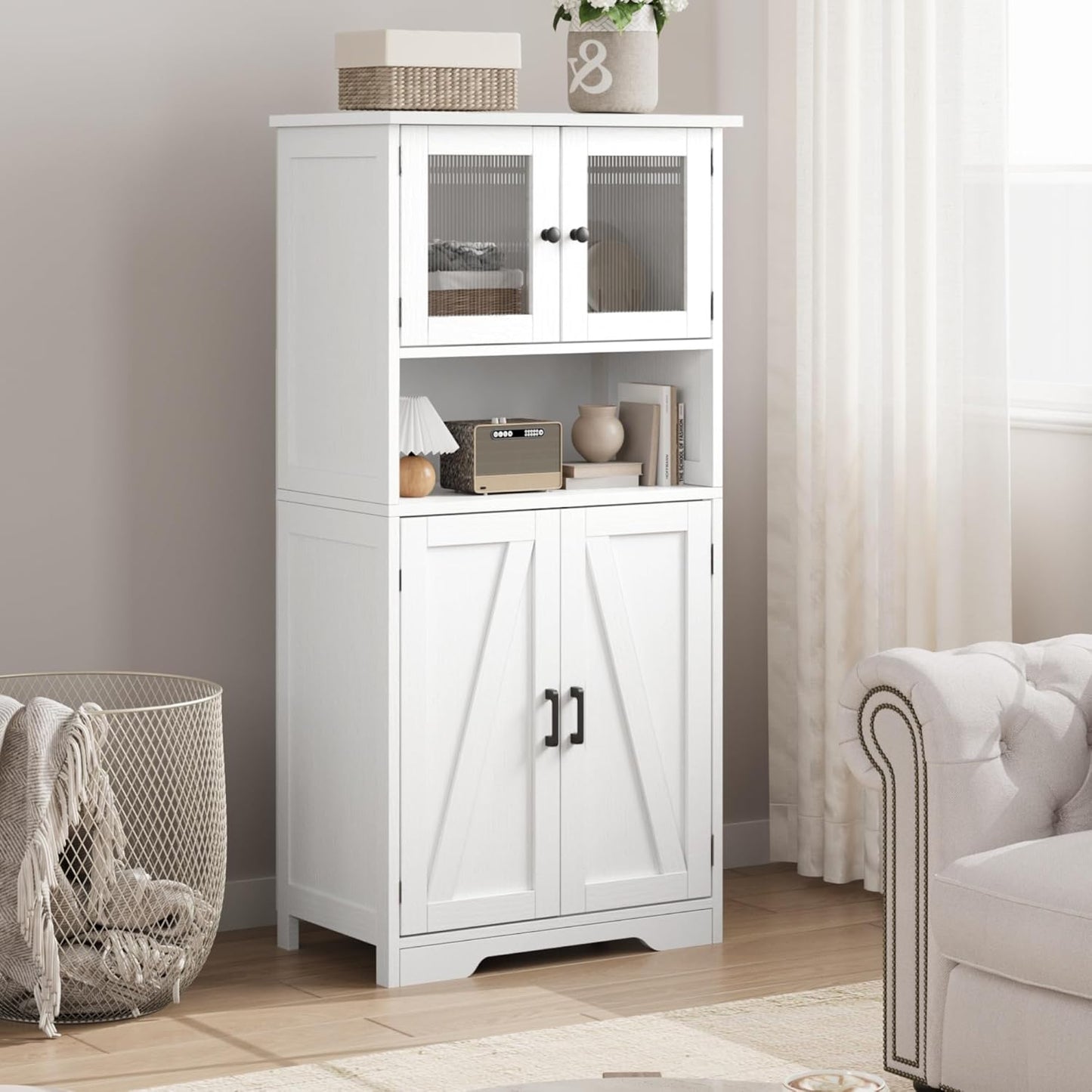 GarveeHome 54in Tall Bathroom Cabinet, Farmhouse Storage Cabinet with Glass Doors and Adjustable Shelves, Freestanding Kitchen Pantry Cabinets, Cupboard for Living Room, Dining Room, White