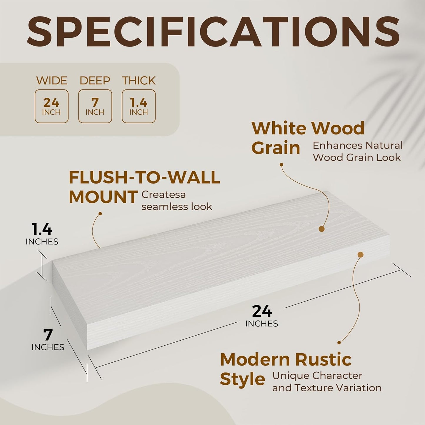 24 inch Floating Shelves Long Floating Shelves for Wall Large Wall Mounted Shelves with Invisible Brackets, White Shelves for Bathroom, Living Room, Kitchen, Office, 24x6.7 inch deep Set of 2