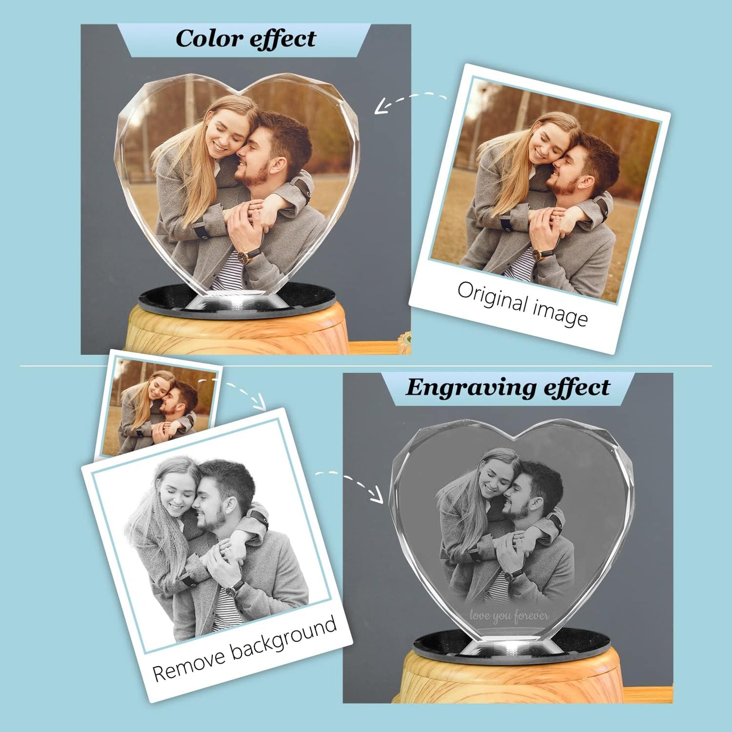 Heart-Shaped Photo Customization Night Light Personalized 3D Crystal Lamp 7 Color Light Rose Bluetooth Rotation Crystal Photo Frame Best Gift for Couple Love Women Men Wedding Christmas