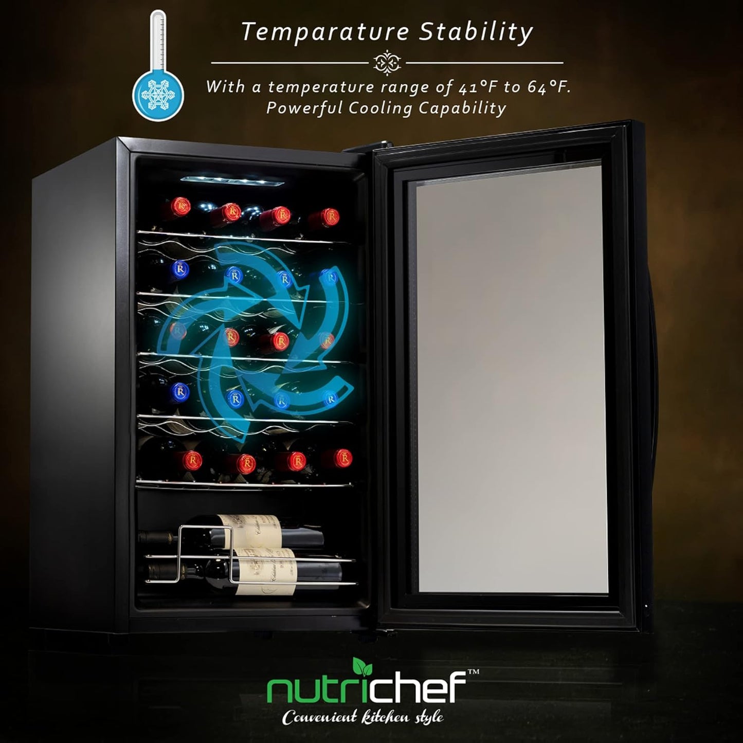Nutrichef 24 Bottle Wine Fridge | Single Zone Wine Chiller | Adjustable Temperature Control 41°F to 64°F | Ultra Quiet Operation | Wine Cooler For Home & Office | Free Standing 29x16x17 IN