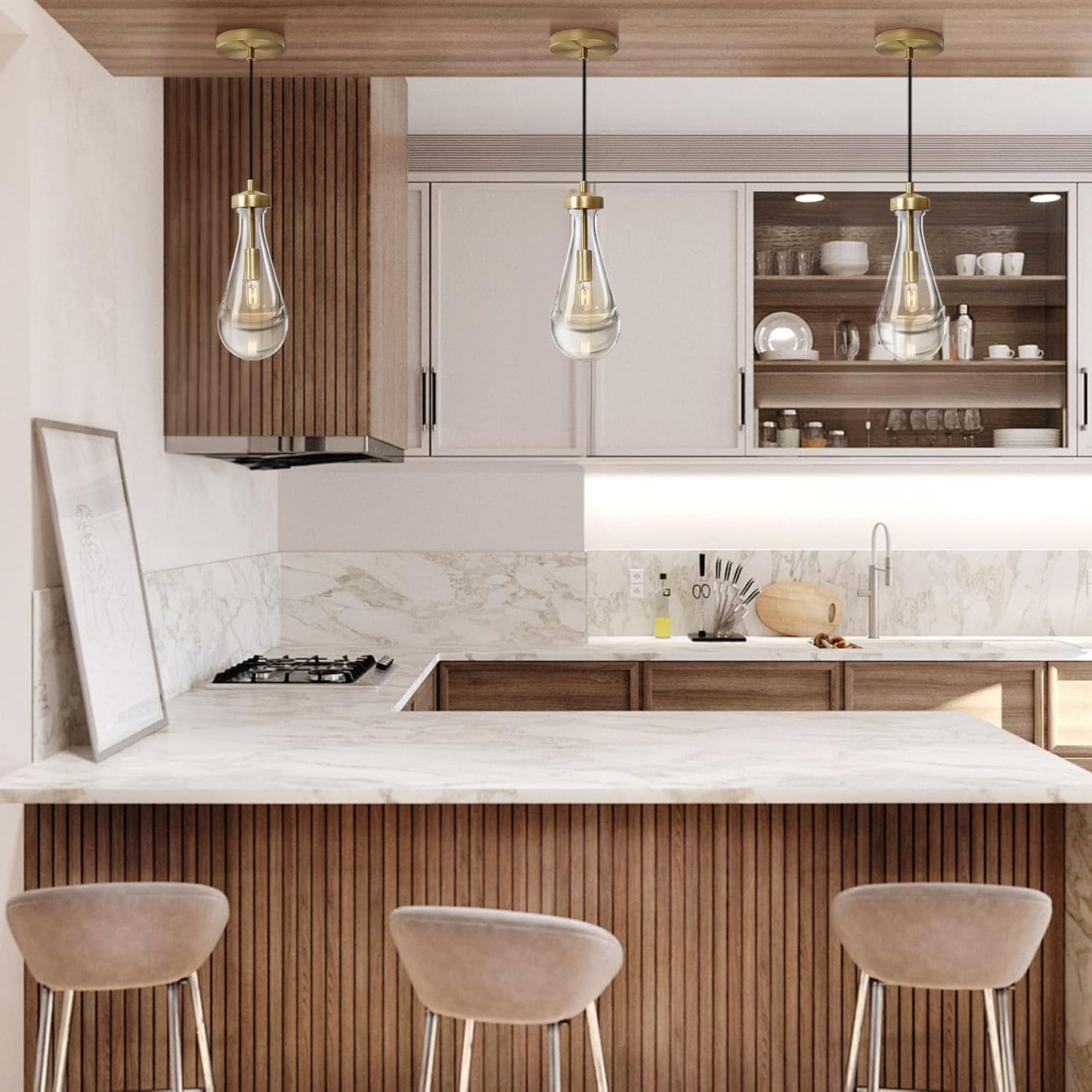 Raindrop Pendant Lights, Pendant Lights Kitchen Island, Brass Base Hanging Light Dining Room Light Fixture, Handblown Clear Kitchen Chandelier, Rope Pendant Lights for Living Room Hallway,E12 Bulb