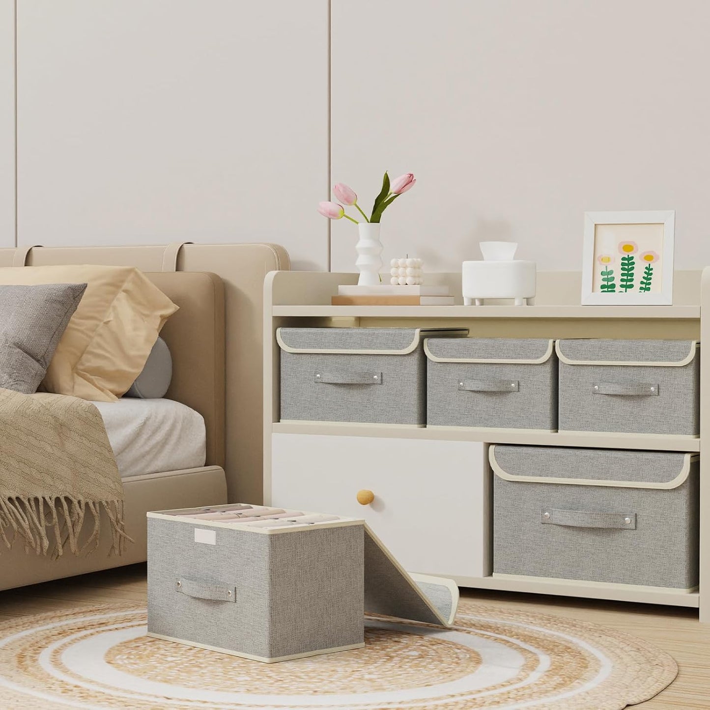 Storage Boxes, Collapsible Storage Bins with Lids, Cotton and linen cloth Storage Baskets with Handle, for Books, Closet, Bedroom, Home, 13x9.1x7.9 in, Grey