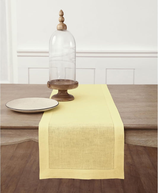 Solino Home Linen Yellow Table Runner 48 Inches - Classic Hemstitch, 100% Pure Linen Coffee Table Runner 14 x 48 Inch Ideal for Dresser Tables