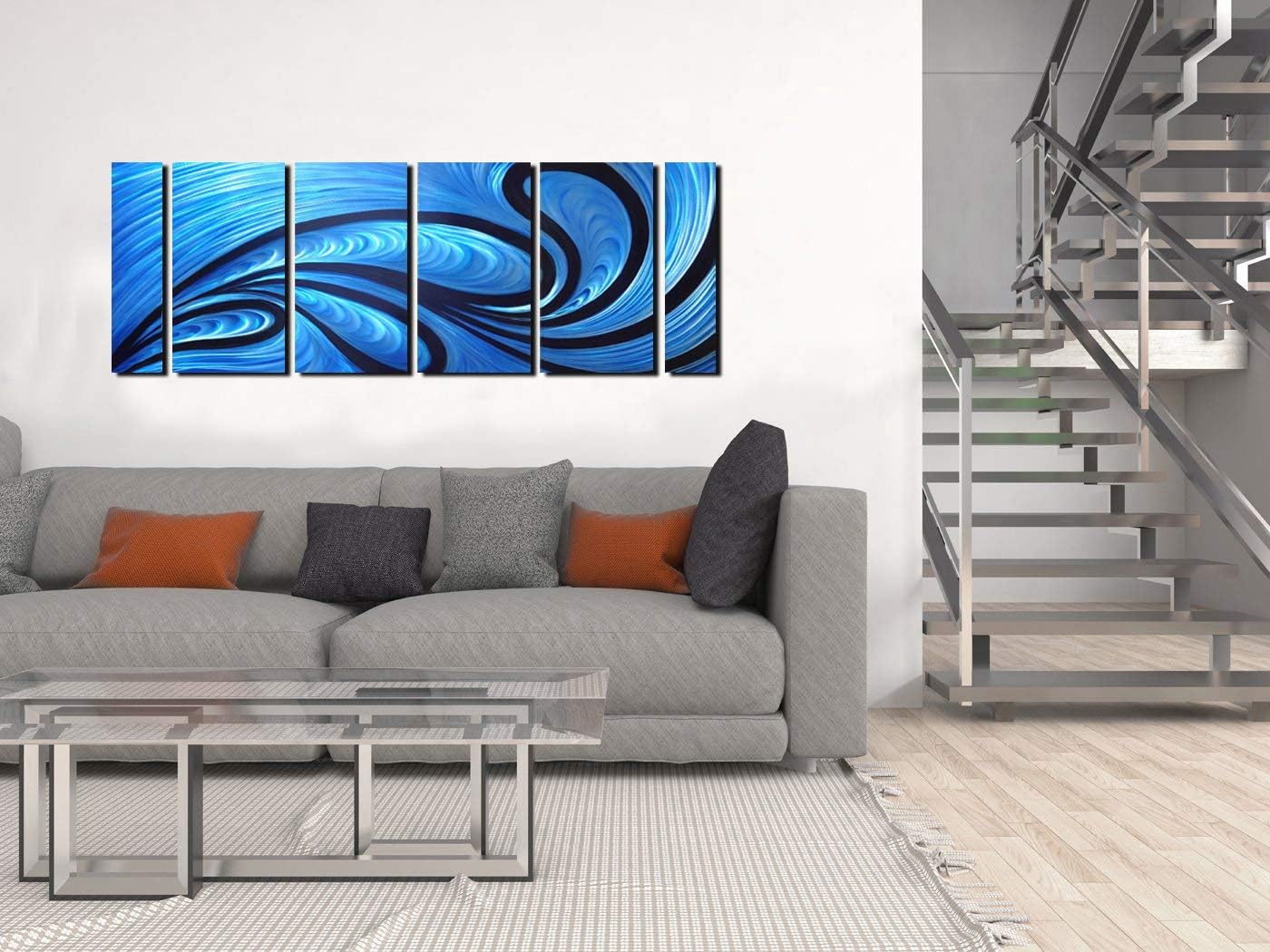 Unique Metal Wall Sculpture, Metal Wall Art with proud as a peacock design, Abstract Blue and Black Modern and Contemporary Décor, Aluminum Artwork, Indoor and Outdoor decoration, 6 panels 64"Wx24"H