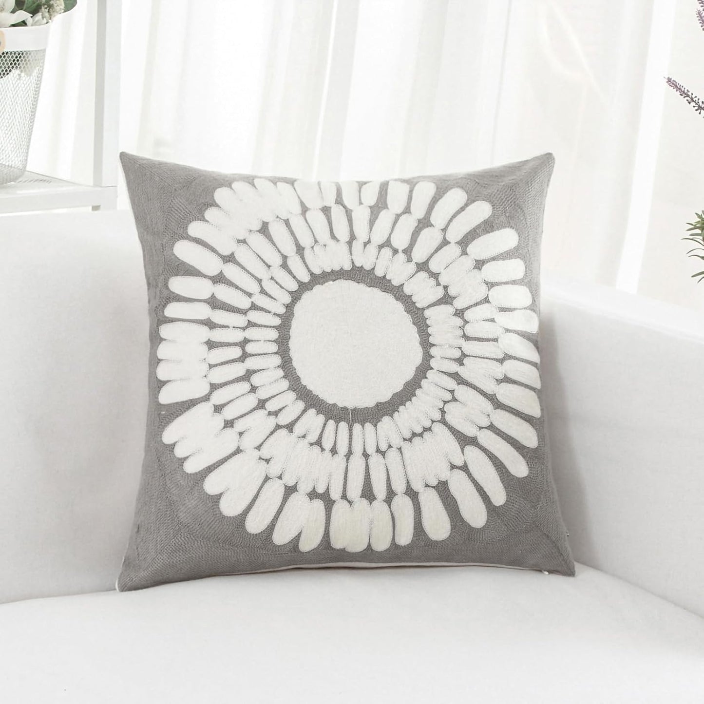 HWY 50 Grey Gray Decorative Throw Pillow Covers 18x18 Inch (1 Piece), Modern Embroidered Cotton Farmhouse Cushion Cover Pillow Case for Couch Living Room Bed Sofa, Sunflower