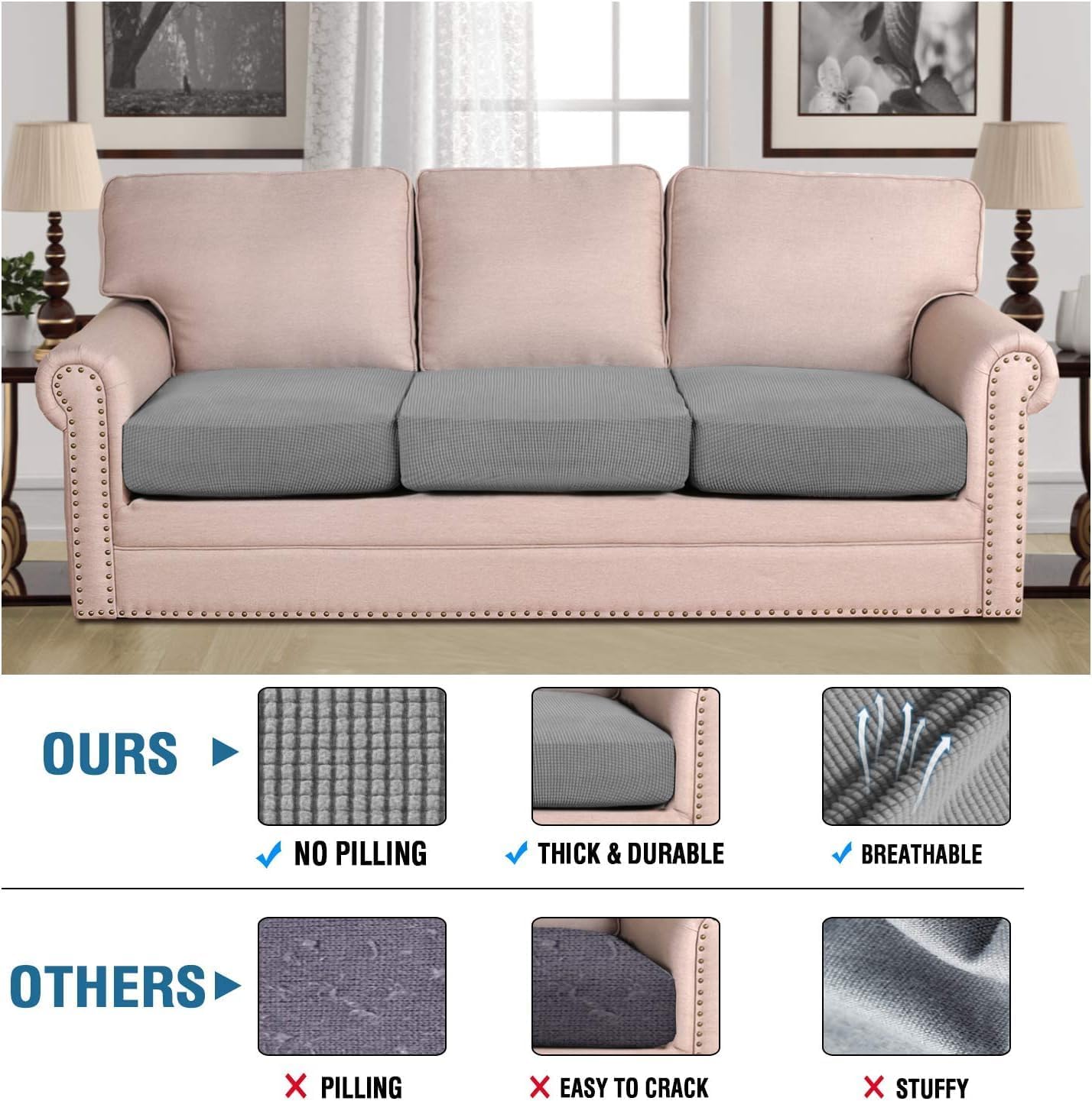 H.VERSAILTEX Super Stretch Individual Seat Cushion Covers - 3 Piece Sofa Cushion Covers in Dove, Thick Jacquard Textured Twill Fabric