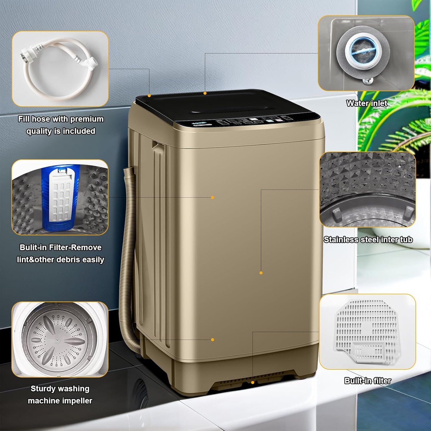 Portable Washing Machine 2.3 Cu. Ft. Full-Automatic Compact Washer Machine for Apartment, 10 Wash Program Small Portable Washer for Dorm, Apartment, RV, Home, Golden
