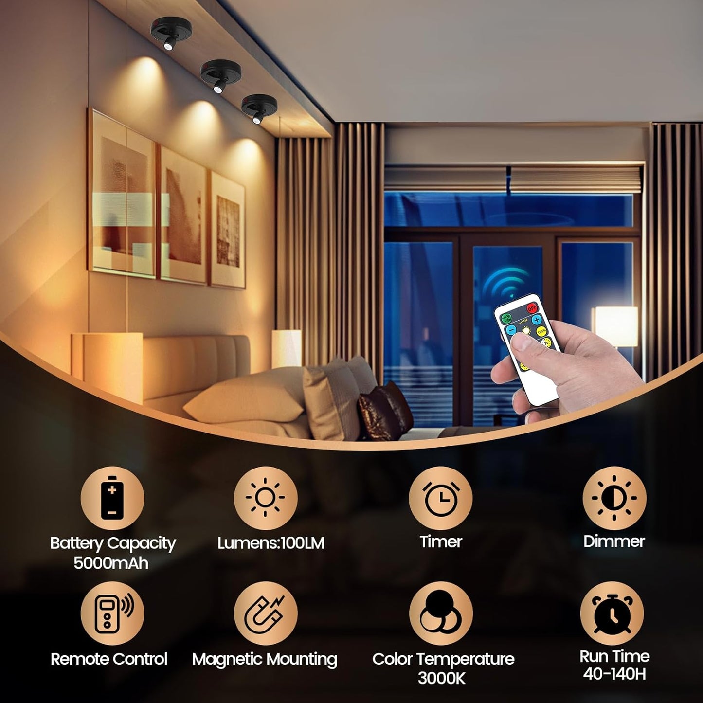 Cordless Spotlight Battery Powered, Indoor Plant Spot Light, Rechargeable Picture Lights with Remote, LED Accent Lighting, Dimmable Display Uplight for Tree Dartboard Decor Painting Art Photo