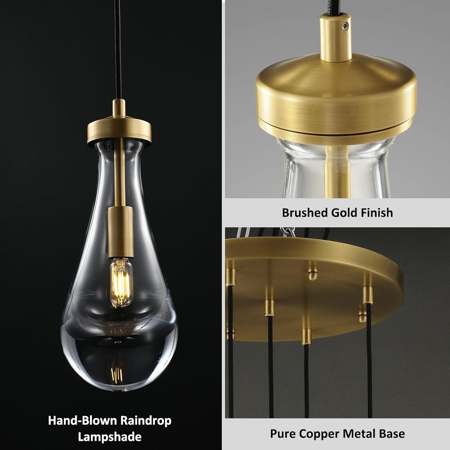 Gold 5 Light Cluster Pendant Lighting, Raindrop Chandeliers Brass Dining Room Lights Fixture, Teardrop Pendant Lights Kitchen Island, Hanging Lamp Ceiling for Entryway Foyer Staircase