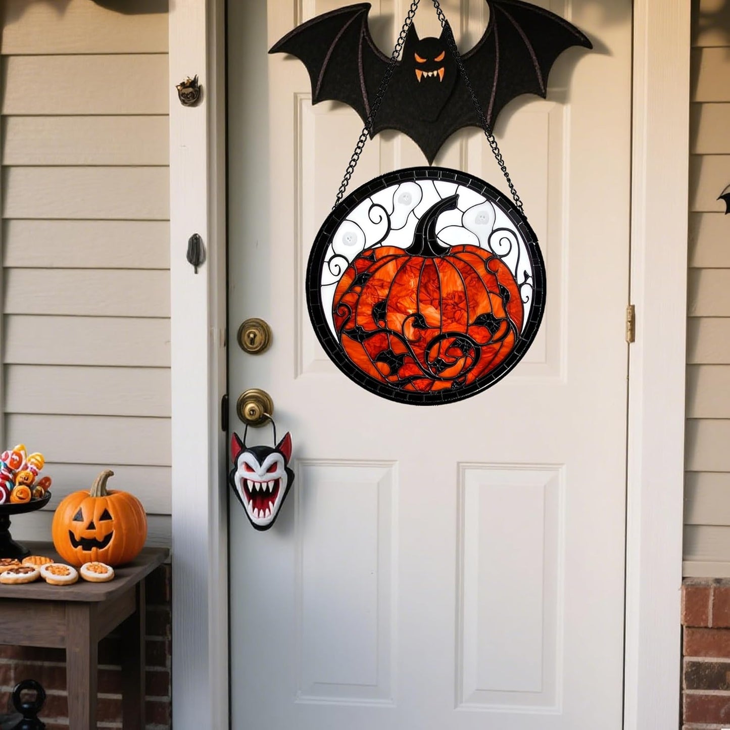 Stained Glass Window Hanging - Halloween Red White Scary Pumpkin Suncatcher for Doors Garden Home Spooky Rattan Sun Catchers Gothic Decor Horror Gifts for Women Men Friend Boy Girl 6.3 in