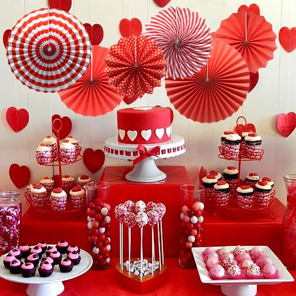 Party Hanging Paper Fans Set, Red Round Pattern Paper Garlands Decoration for Birthday Wedding Graduation Events Accessories, Set of 6