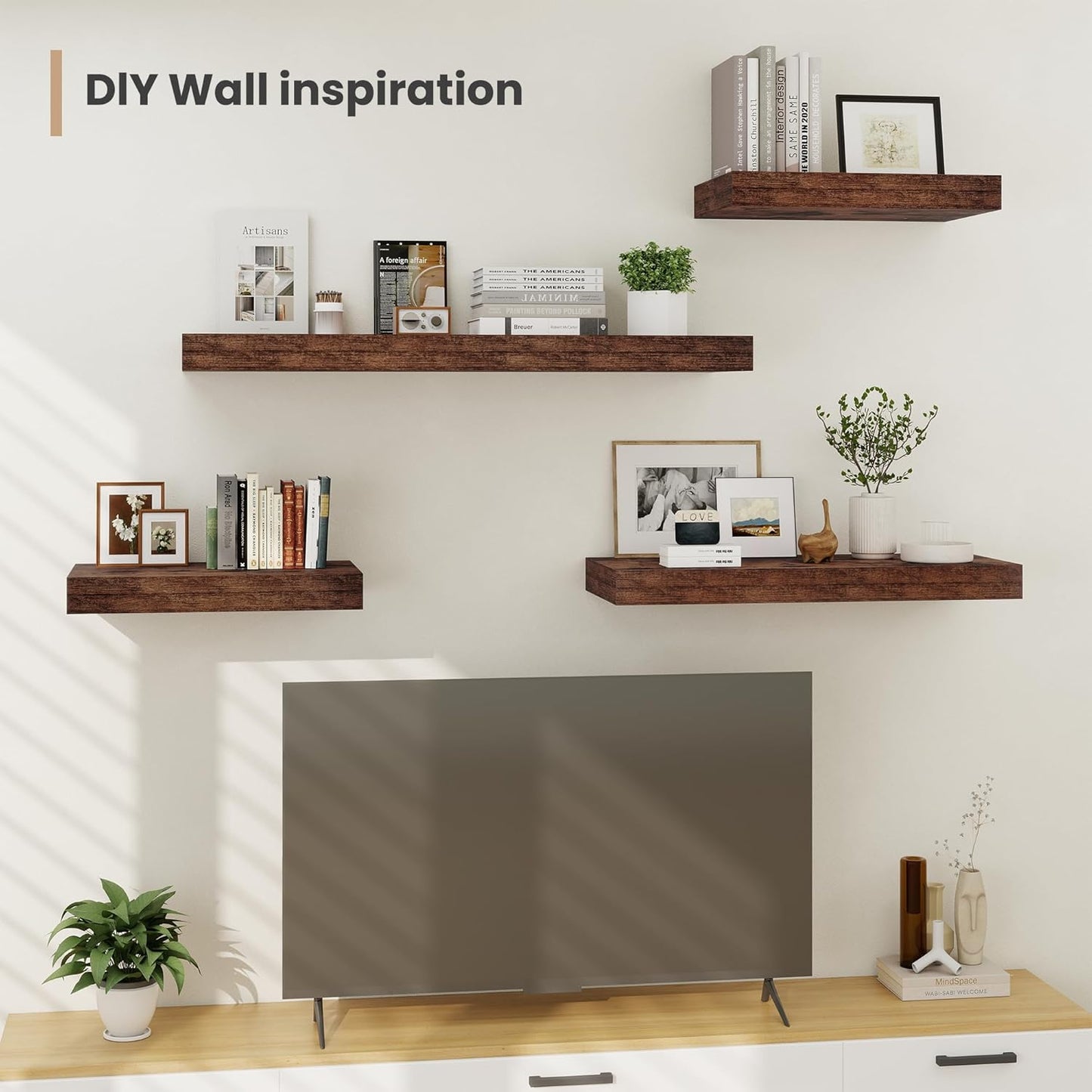 Heimlove 12 Inch Deep Floating Shelves, 48 x 12 inches Long Wall Shelf, Large Display Shelf & Storage Shelf, Rustic Wood Wall Shelves for Fireplace Mantel, Set of 2(Rustic Brown)