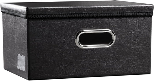 PRANDOM Collapsible Storage Box with Lid [1-Pack] Leather Fabric Foldable Storage Bin Organizer Container Basket Cube with Cover for Home Bedroom Closet Office Nursery Black (13.6x9.6x6.9)
