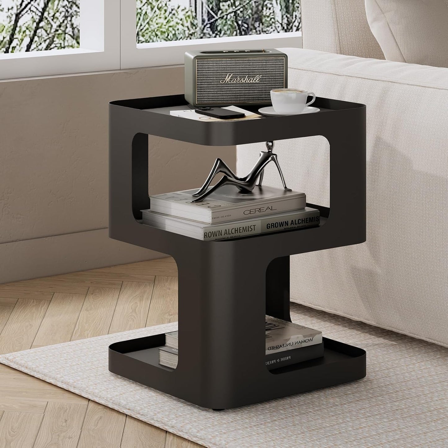 Modern Side Table, Metal Bedside Table Living Room, 3 Tier end Tables with Storage,Nightstand for Small Spaces, Living Room, Bedroom, Sturdy, No Assembly Required