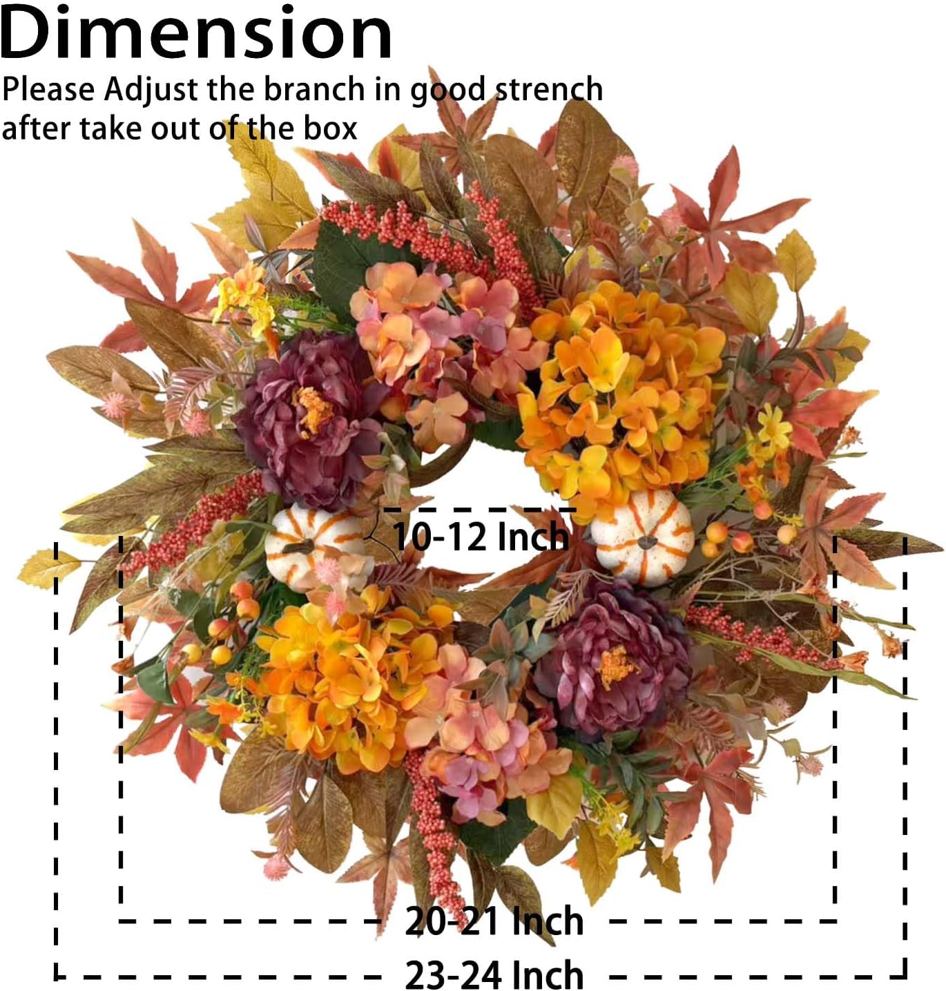 WANNA-CUL 24 Inch Fall Wreaths for Front Door with Hydrangea,Peony and White Pumpkins-Fall Decorations for Home, Fall Door Wreath Decor for Autumn,Harvest, Halloween or Thanksgiving