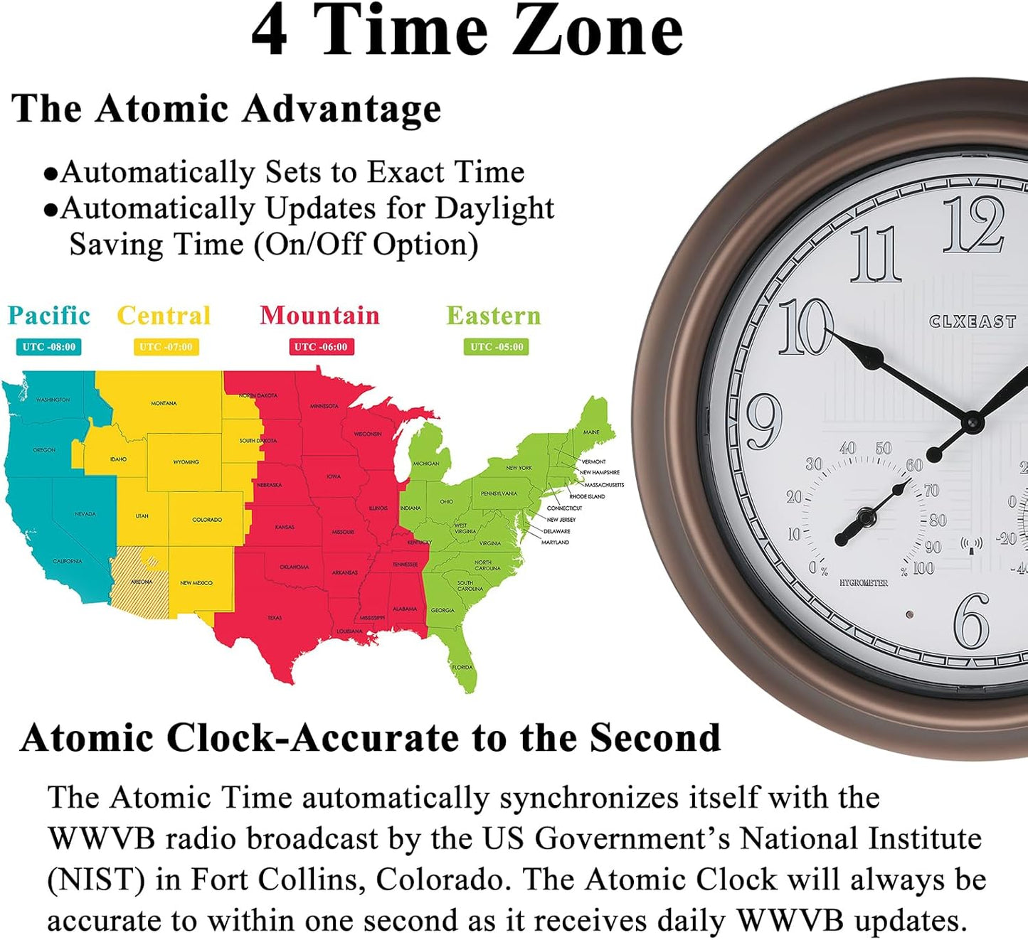 CLXEAST 18 Inch Illuminated Outdoor Indoor Atomic Analog Wall Clock with Temperature & Humidity, Lighted Outdoor Clocks for Patio Large Waterproof with Thermometer,Bronze Finish,House Warming Gifts