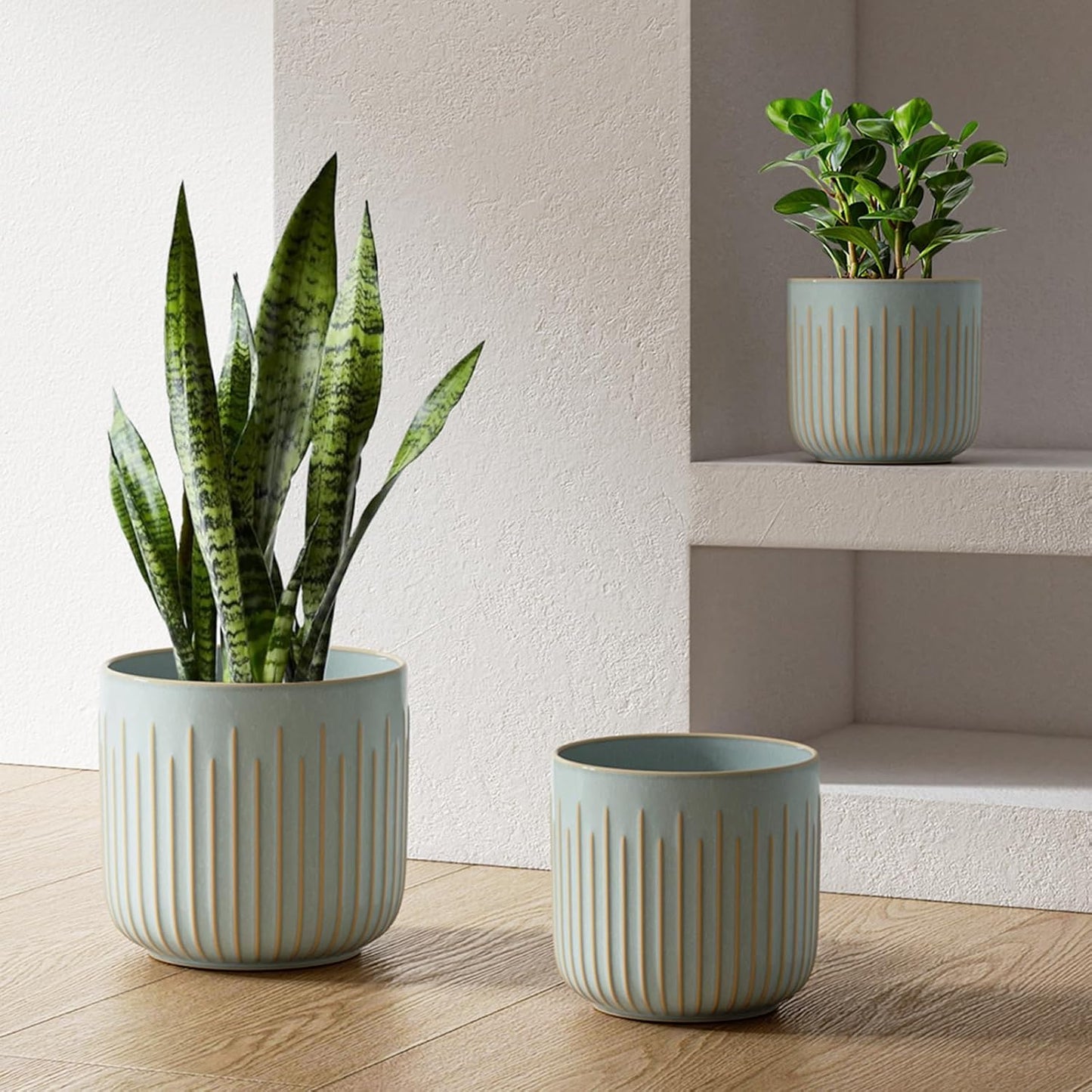 LE TAUCI Fluted Ceramic Planters Set of 3 – 8.3/7 / 5.7 in Blue Gray Reactive Cylinder Indoor Plant Pots with Drainage Plug & Mesh, Glossy Stoneware Flower Pots for Succulents Herbs