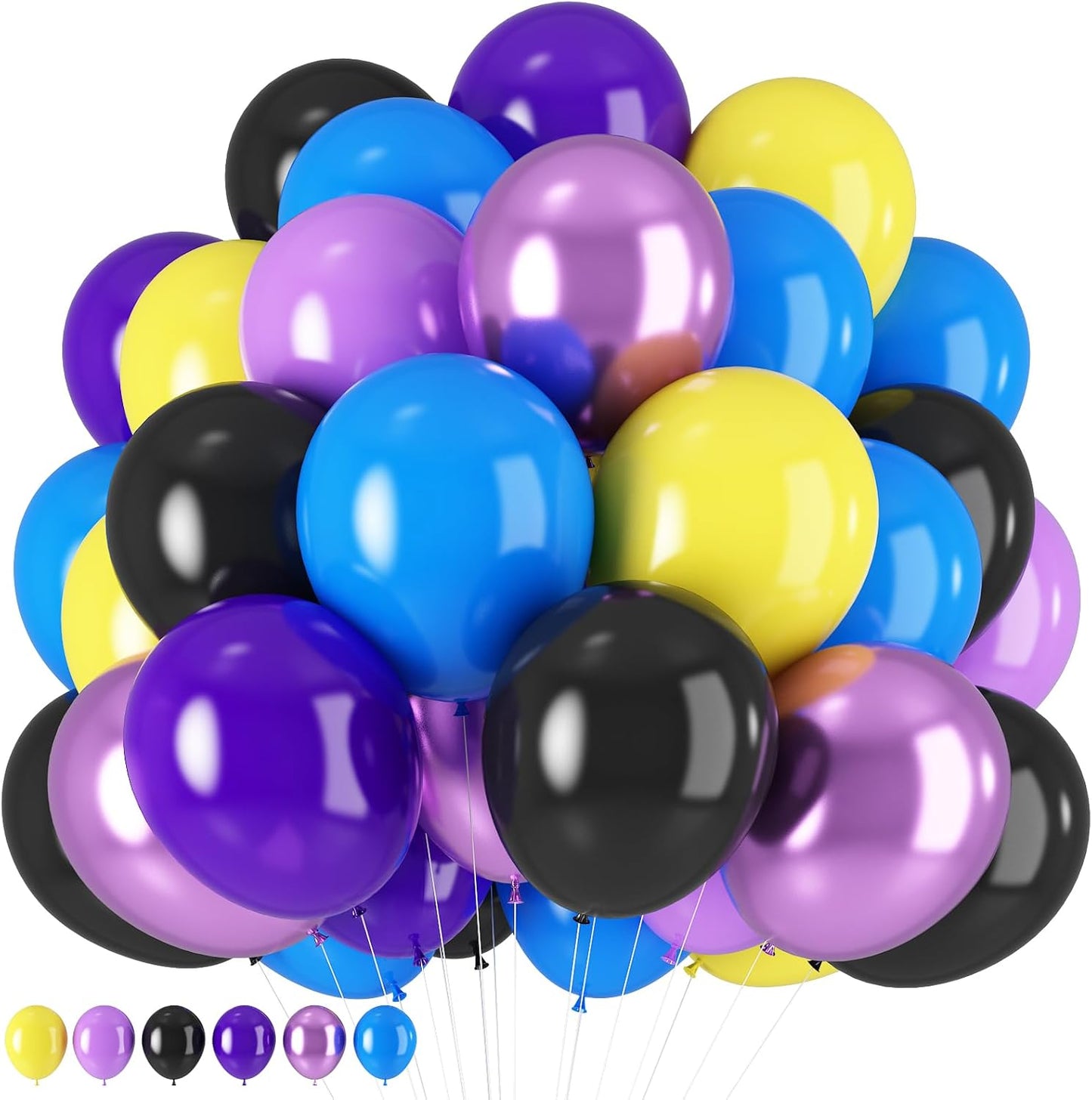 Purple Blue Yellow Black Balloons 60 Pcs Metallic Purple Royal Blue Black Yellow Game Latex Balloon Gaming Party Balloon for Kids Gamer Night Birthday Graduation Party Decoration Supplies