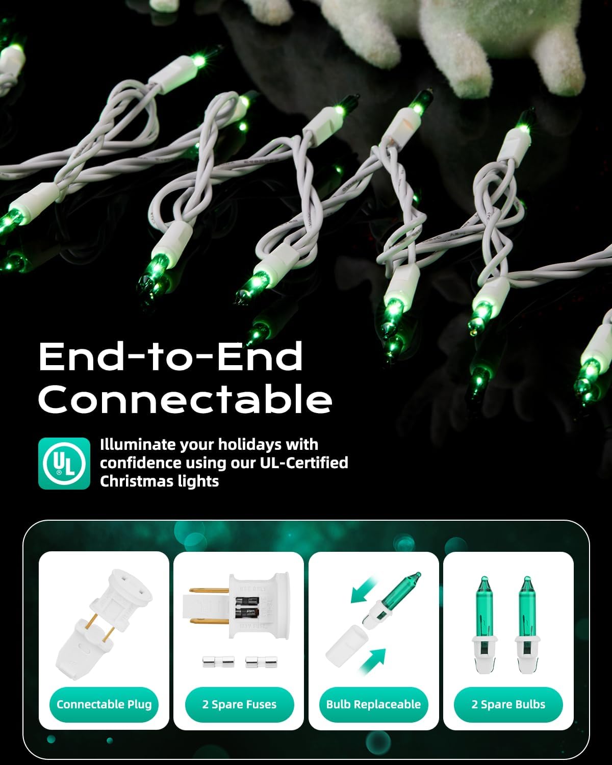 Brightown Green Christmas String Lights, 100-Count 26.5ft Incandescent Bulb Mini Lights for St. Patrick's Day Decor, Christmas Tree Garland Wedding Party Multi-Use Festival Decoration, White Wire