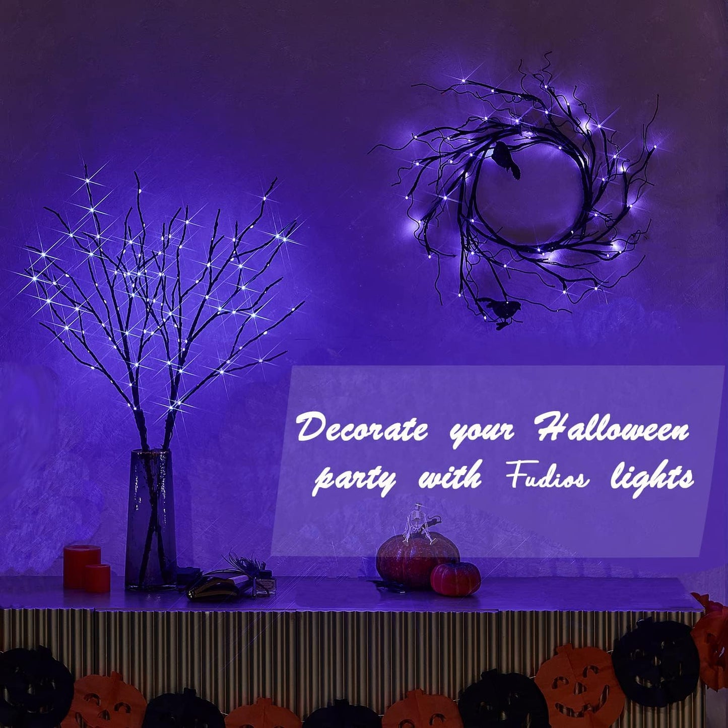 Fudios Halloween Lighted Branches with Timer 100 LED Purple Fairy Lights 32IN, Artificial Black Branch Lights for Halloween Battery Operated Home Decor Indoor Outdoor Use