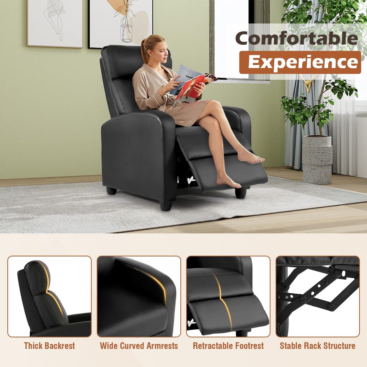 BestMassage | Recliner Chair | No Massage Function | Leather Black | with Lumbar Support, Adjustable Push Back, Wide Armrests, Footrest & Padded Seat | Easy Assembly | for Living Room, Home Theatre