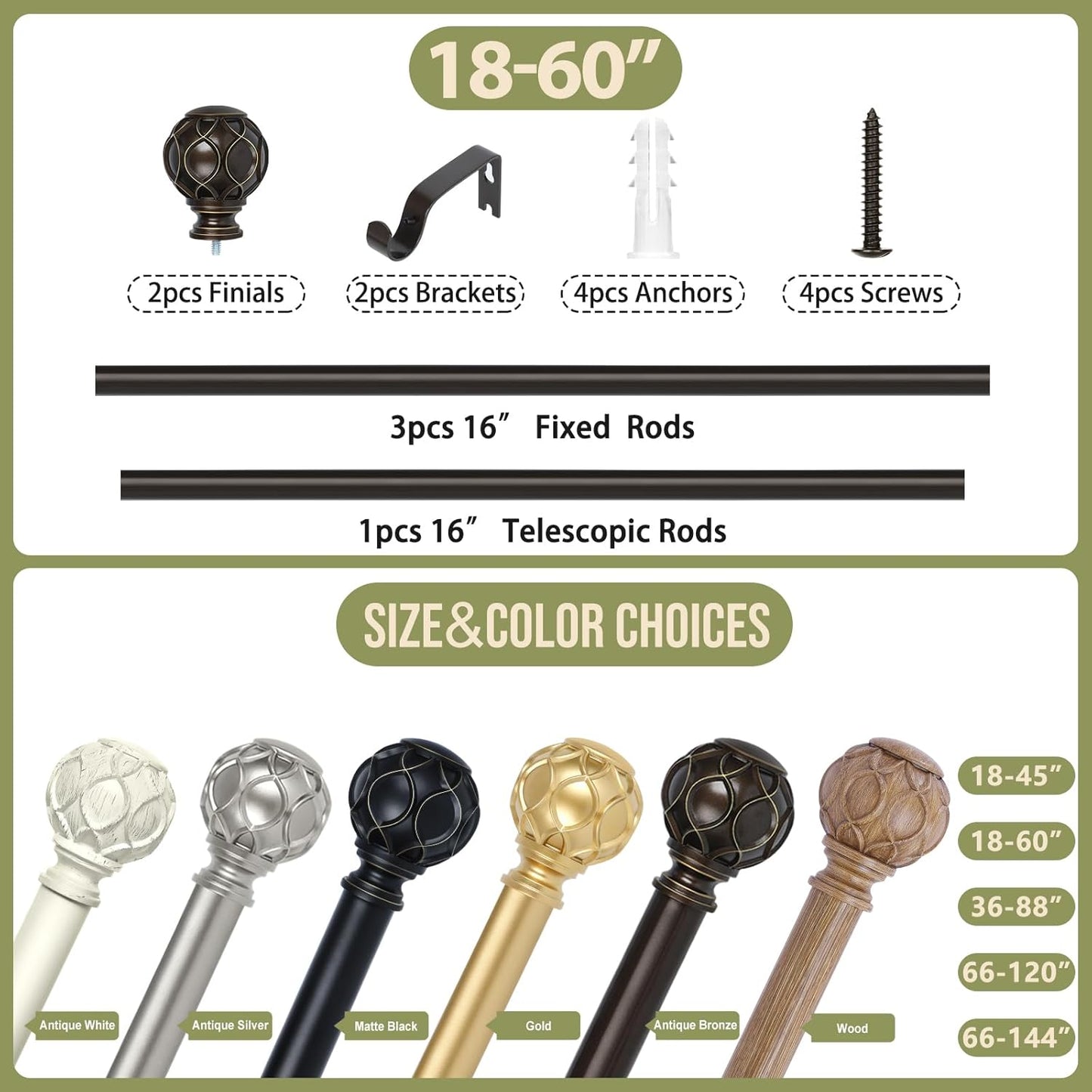 Bronze Farmhouse Curtain Rods for Windows:18-60 Inch Heavy Duty Adjustable Curtain Rod for Bedroom Living Room,Boho Decorative Rustic Drapery Rods with Vintage Coastal Finial,Antique Bronze