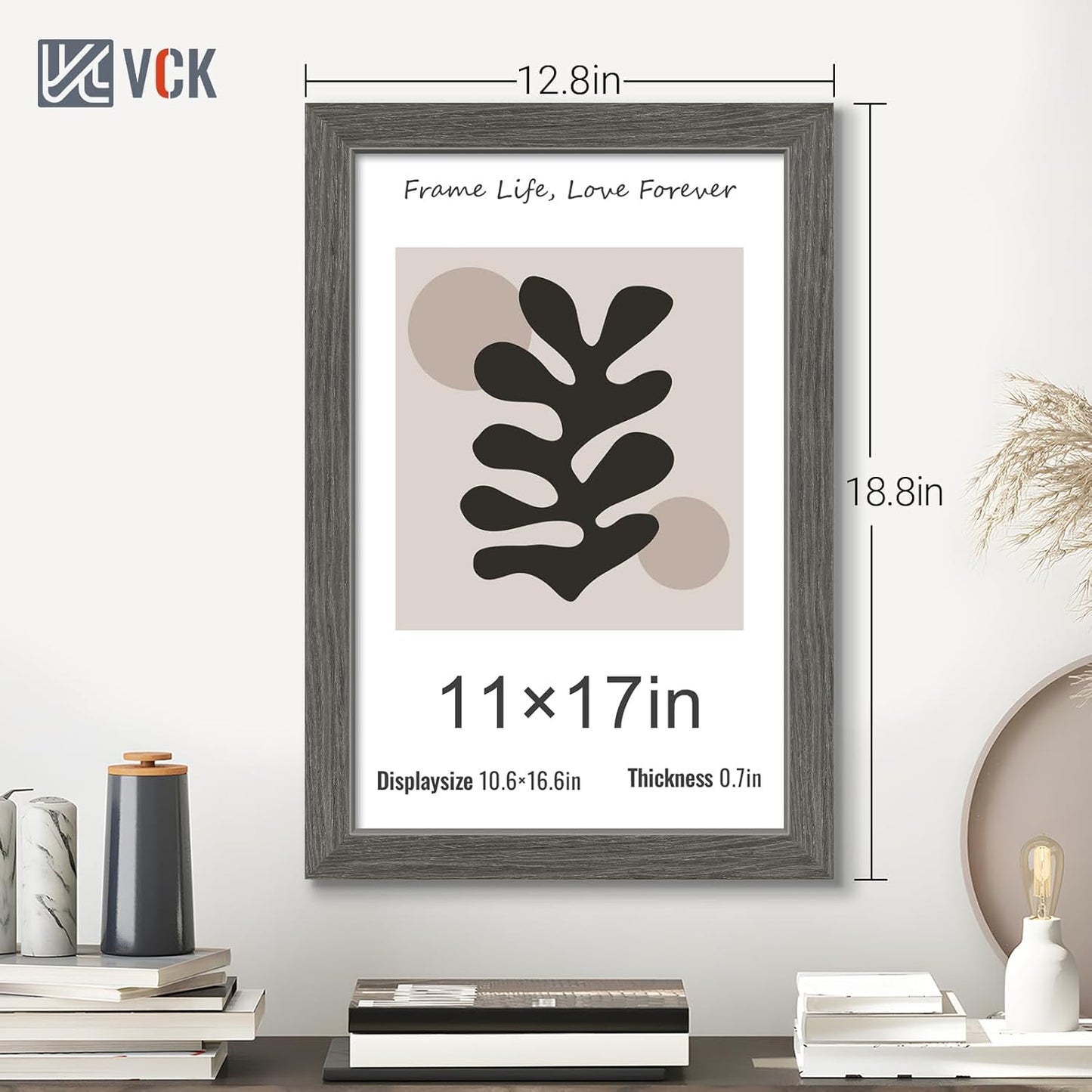VCK 11x17 Picture Frame 3 Pack, Gray Solid Wood Poster Picture Frame, Exclusive Wood Grain, Wall Mounting Hanging
