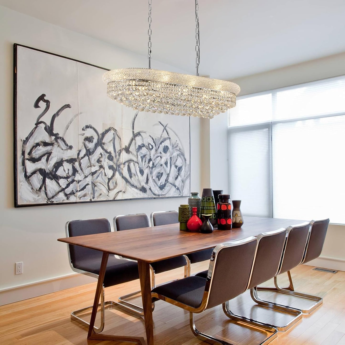 Rectangular Crystal Chandeliers for Dining Room,10 Lights Adjustable Height Oval Crystal Ceiling Light Fixture for Kitchen Island, Chrome Finish, L36''