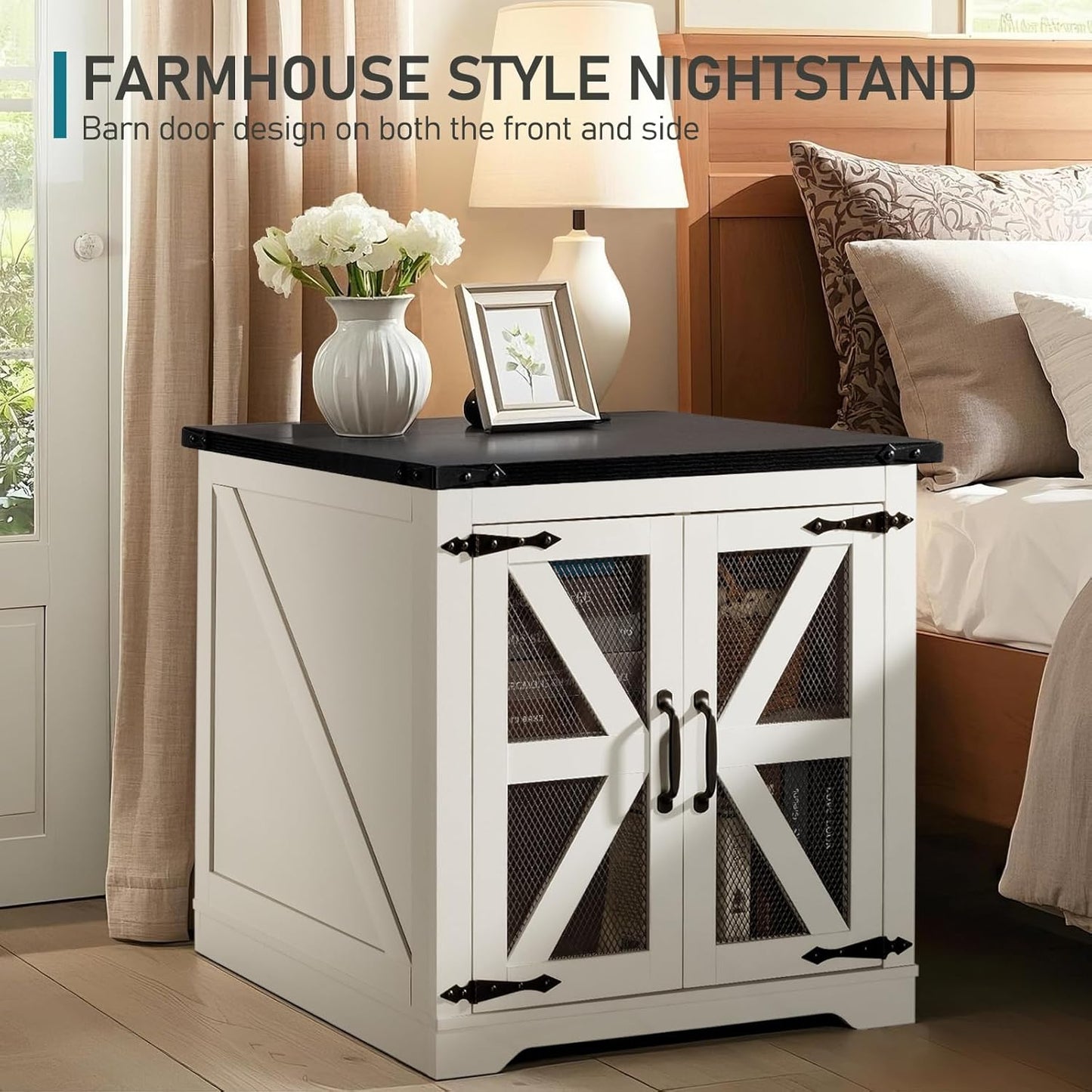 Farmhouse End Table, 24" Large Sofa Side Table with Charging Station, Mesh Barn Door, White Nightstand with Adjustable Storage Shelf, Square Nightstand for Living Room, Bedroom, Office