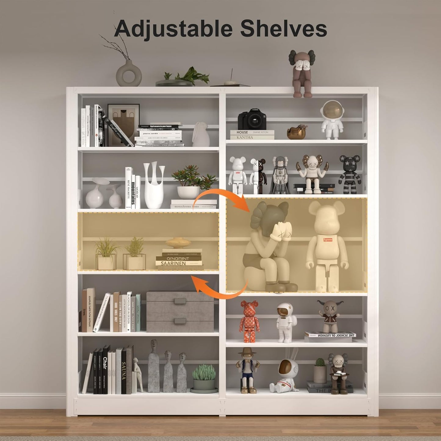 5-Tier Industrial Book Shelf, White Bookcases and Bookshelves,Tall Metal Bookcase Storage Organizer,Freestanding Bookshelf for Living Room,Home Office (White, Shelf-2)