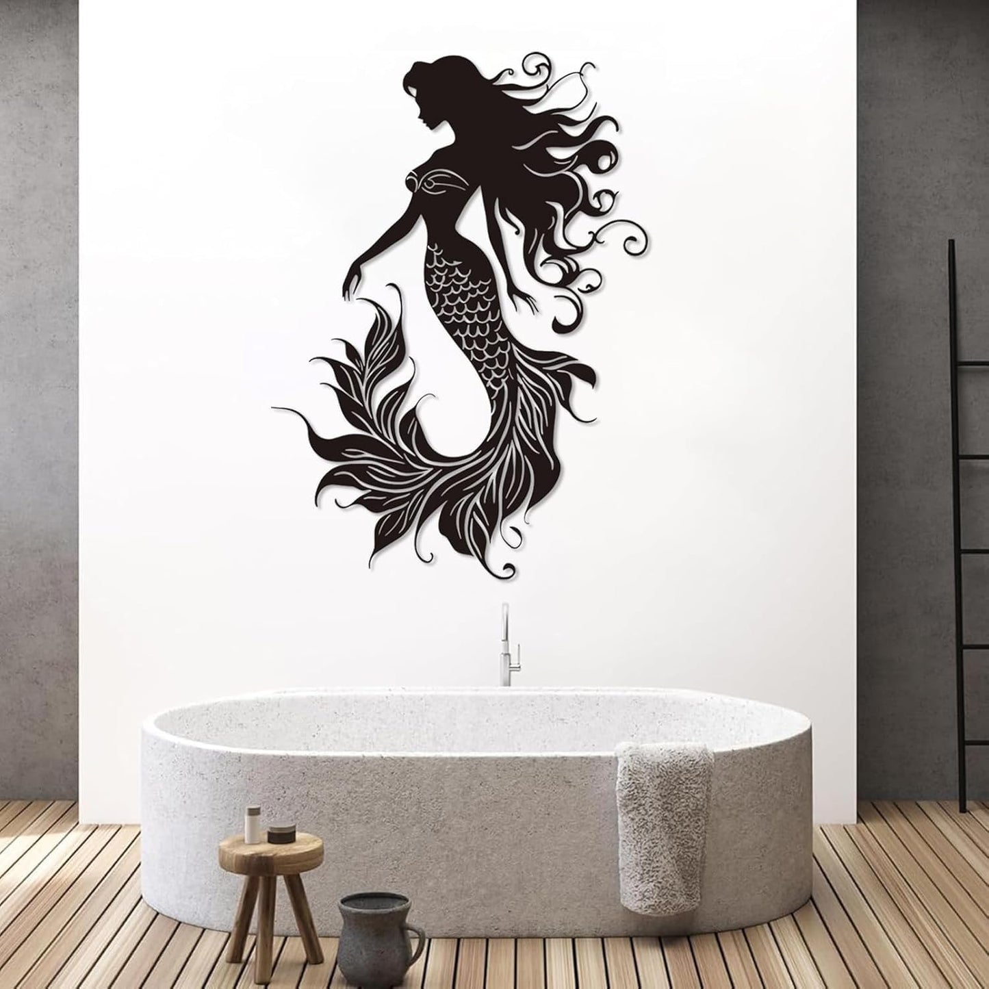 Veplsur Mermaid Metal Wall Art, Metal Mermaid Wall Decor, Marine Biology Wall Decor, Ocean Wall Art, Nautical Wall Hanging, Beach Hanging for Bathroom Bedroom (White, 24"x17"|60x43cm)