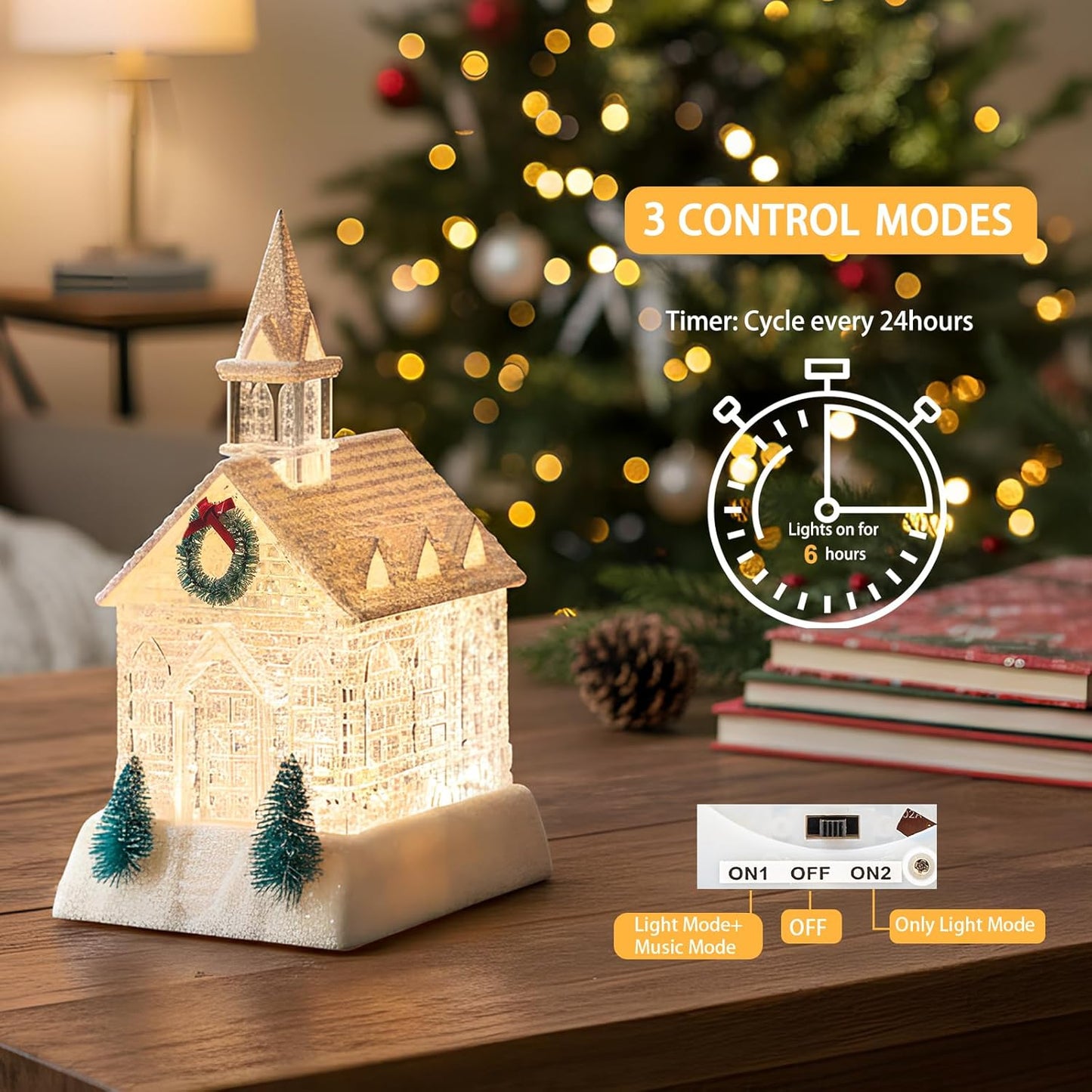 Christmas Lighted Church Water Lantern Snow Globe with Evergreens and Wreath， USB Lined/Battery Operated Lighted Lantern for Christmas Festival Decoration Gifts