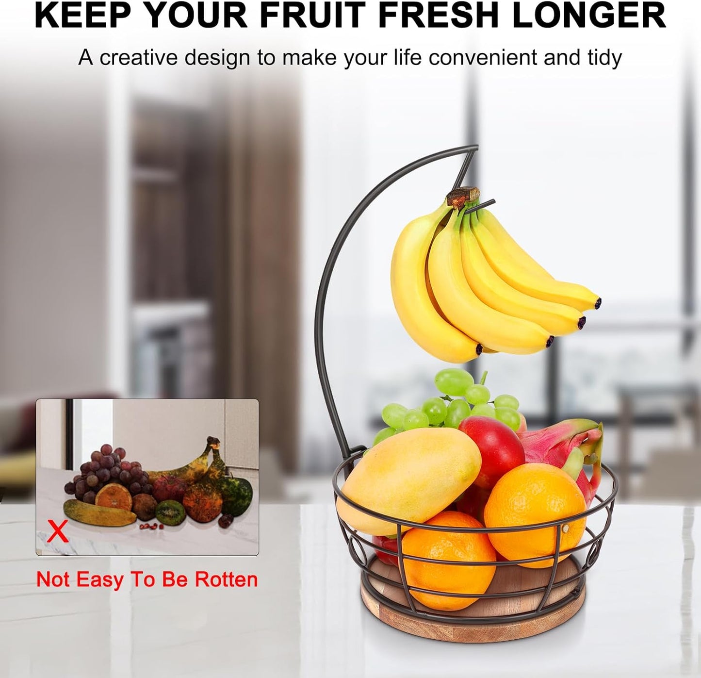 Livabber Countertop Fruit Basket Bowl with Banana Hanger, Modern Standing Fruit Vegetable Bowl Storage, with Banana Tree Holder for Kitchen Dinning Table (Round Wood, Black)