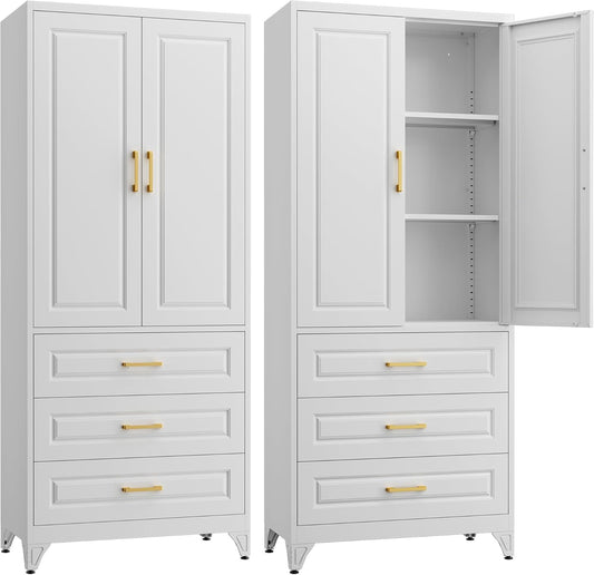 75" Kitchen Pantry Cabinet with 3 Drawer,Metal Storage Cabinets with Doors and 4 Adjustable Shelves,White Kitchen Cabinet with 2 Gold Handles,Food Cupboard for Livingroom,Pantry, Bathroom