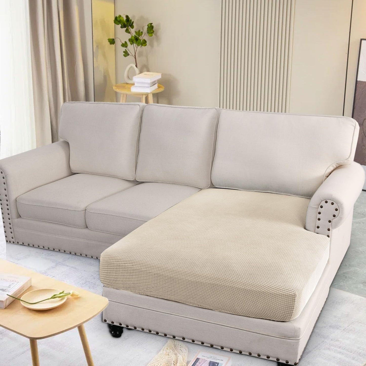 H.VERSAILTEX Super Stretch Individual Chaise Cover Sectional Couch Covers for L Shaped Sofa Both Left/Right Featuring Thick Jacquard Textured Twill Fabric (1 Piece Chaise Cover Large, Natural)