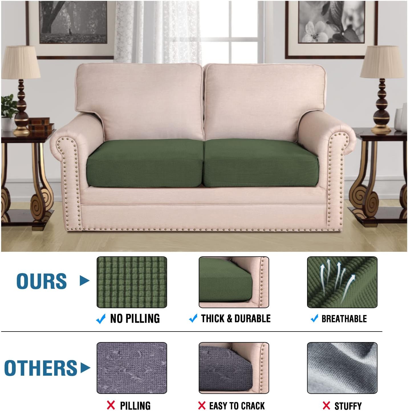 H.VERSAILTEX Super Stretch Individual Seat Cushion Covers Sofa Covers Couch Cushion Covers Slipcover Sets Thick Jacquard Textured Twill Fabric (2 Piece Medium Sofa Cushion Covers, Bronze Green)