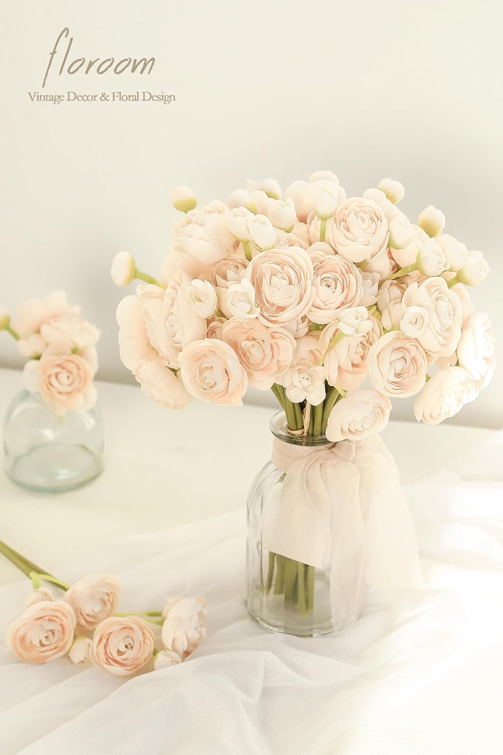 Floroom Ranunculus Artificial Flowers 18 Pcs Champagne Faux Silk Mini Ranunculus Bulk Fake Wedding Filler Flowers for DIY Cream Bouquets, Centerpieces, Bridal Shower Decorations & Arrangements