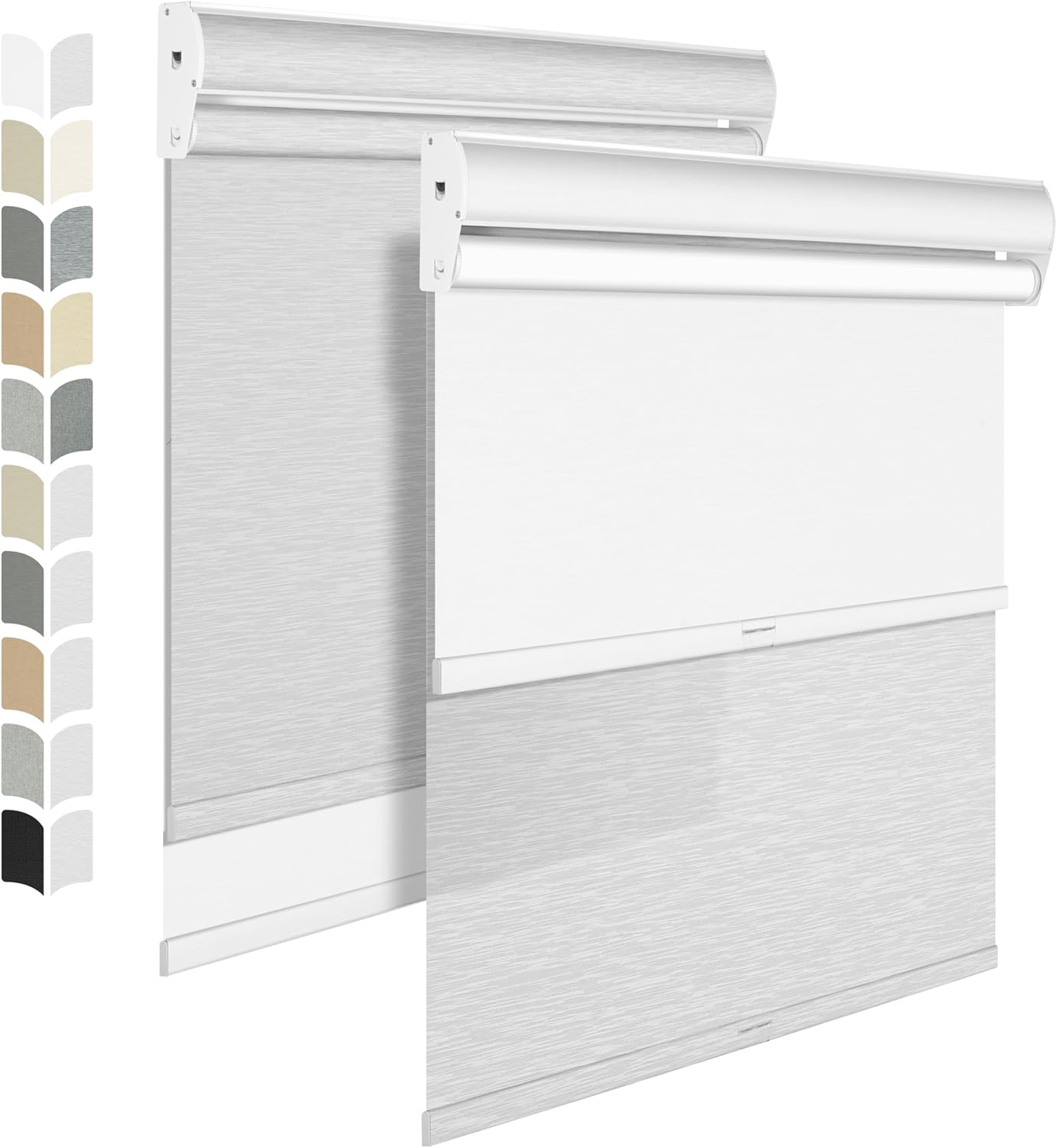 BERISSA Cordless Dual Roller Shades with Cassette Valance, Double Window Shades - Blackout and Light Filtering, Day and Night for Home Office Door. Striped Jacquard White. Custom Sizes