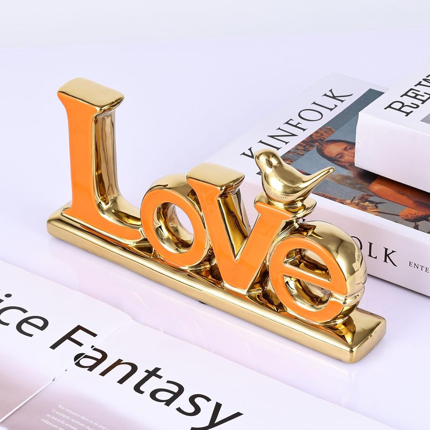 Love Sign Decoration - Orange & Gold Signs for Home Decor, Personalized Love Decor with Gold Bird Sculpture (2 Pcs)