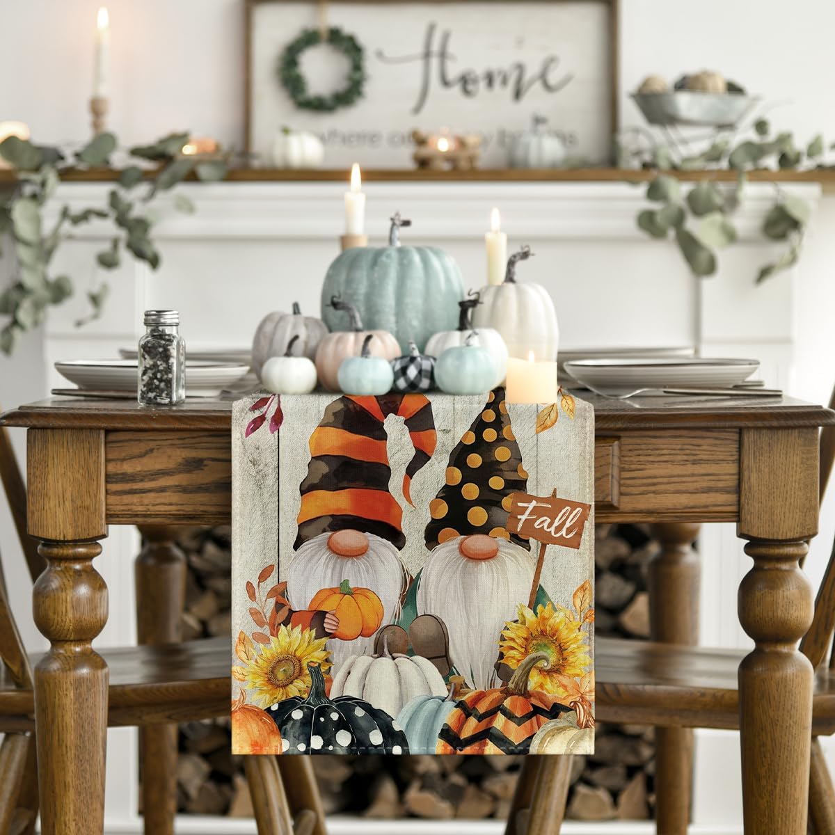 Artoid Mode Wood Gnomes Pumpkins Sunflower Maple Leaves Fall Table Runner, Kitchen Dining Table Decoration for Home Party Decor 13 x 108 Inch