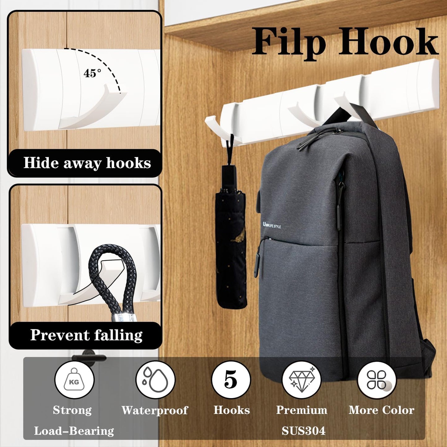 Folding Coat Hooks, Wall Mounted Coat Rack with 5 Retractable Hooks, Heavy Duty Towel Rack for Bathroom Wall Hook for Hanging Clothes Bathrobe, Stainless Steel Coat Hanger for Entryway(White)