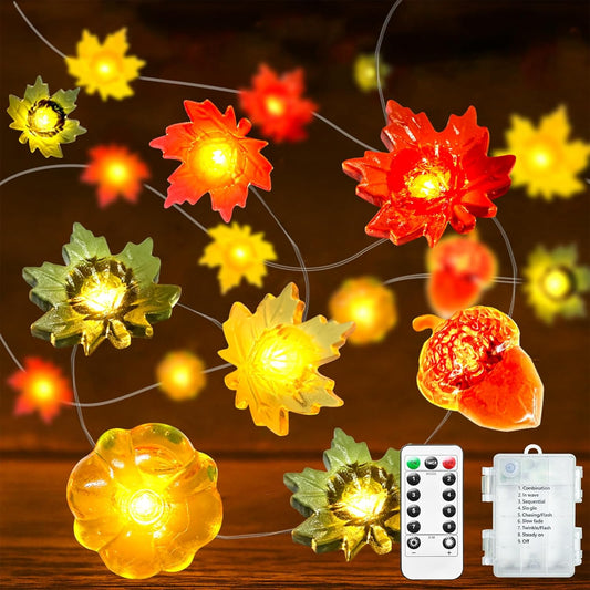 btfarm Fall Decor 16.4FT 50 LED 3D Pumpkin Maple Leaf Acorn Fairy String Lights Battery Operated with Remote Timer, Thanksgiving Decorations Waterproof for Home Autumn Harvest Halloween Party
