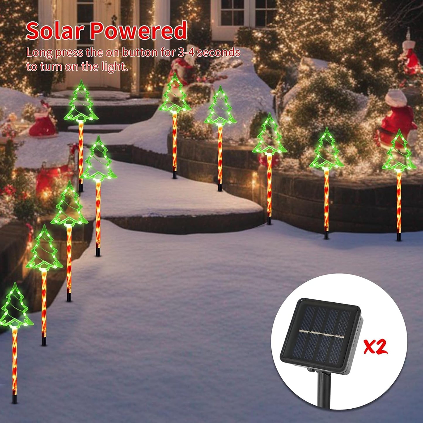 Christmas Solar Pathway Lights Outdoor Decorations， 8 Modes Xmas Tree Candy Lights Waterproof Led Garden Stake Light for Walkway Yard Lawn Porch Holiday Decor 10-Pack (Red Tube Tree, 10 Pack)