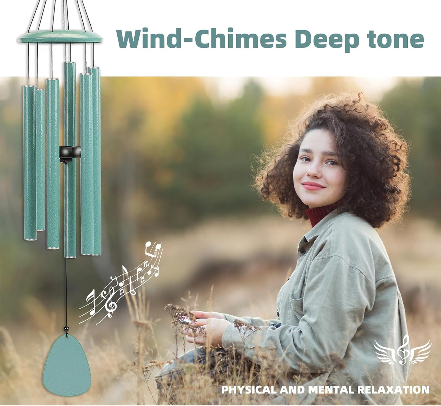 Wind-Chimes-Outdoor-Deep-Tone, Large Soothing Melodic Tones Windchimes, Wind Chimes for Outside, Memorial Wind Chime Best Gift for Mom Women Grandma Neighbors(32" Cyan Coated Aluminum)