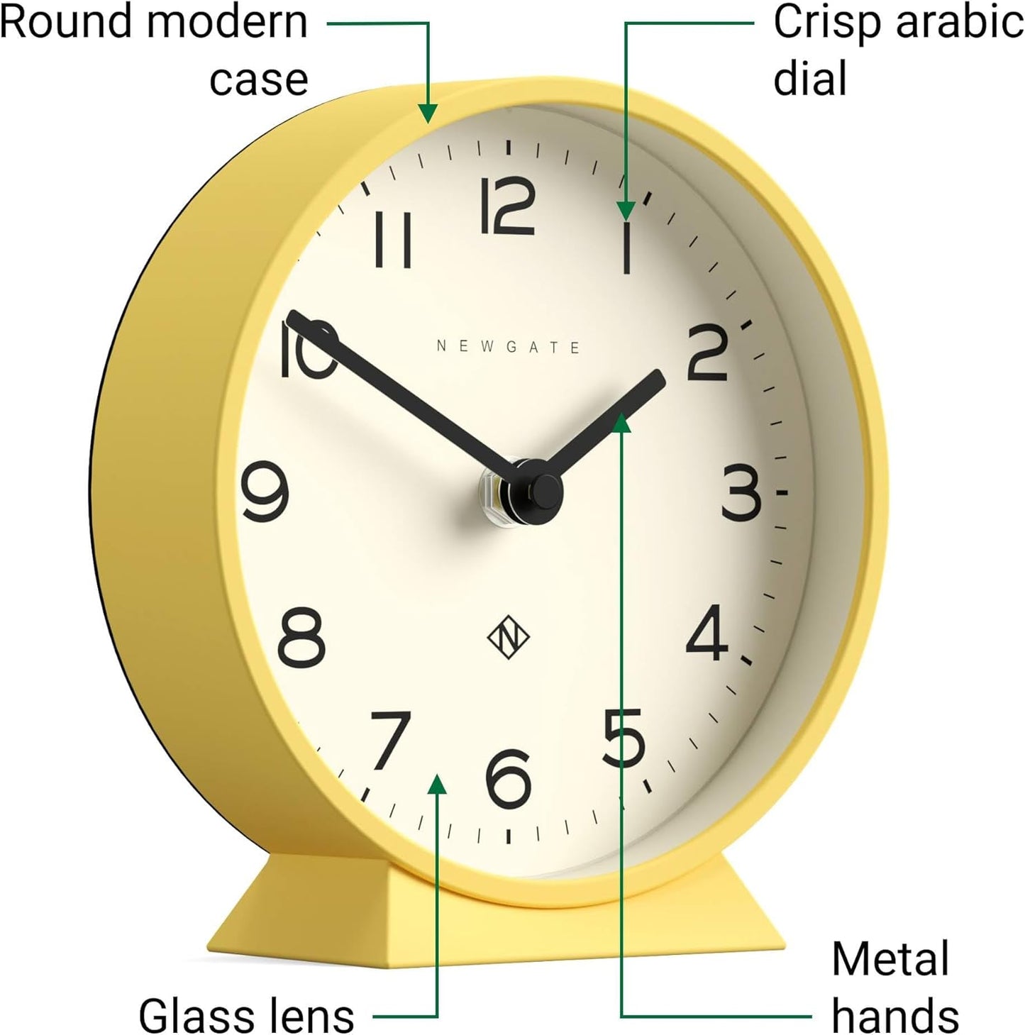 NEWGATE® M Mantel Echo Desk Clock | Modern Round Design | Yellow | Easy to Read Numbers | Contemporary Style for Desk, Table, Shelf or Bedside