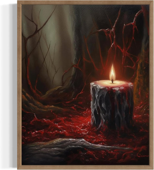 Gothic Candle Poster Art Print, Halloween Scary Vintage Wall Art Academia Spooky Painting Decoration for Horror Prints, Posters Bedroom Decor 89 (Gothic Candle, 8 x 10 inches, Wood Frame)