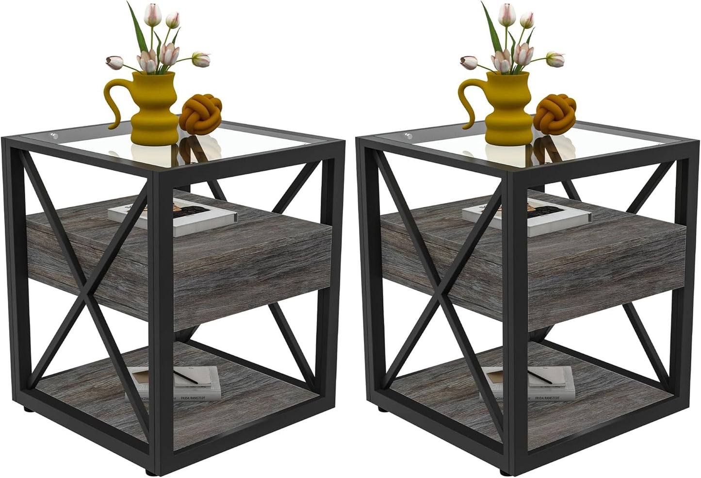 Farmhouse End Table Set of 2, Modern Side Table with Drawer&3-Tier Storage Shelf, Square Rustic Nightstand, Accent Tea Table, for Bedroom Office Living Room, Grey, Natural Wood, Glass, Metal
