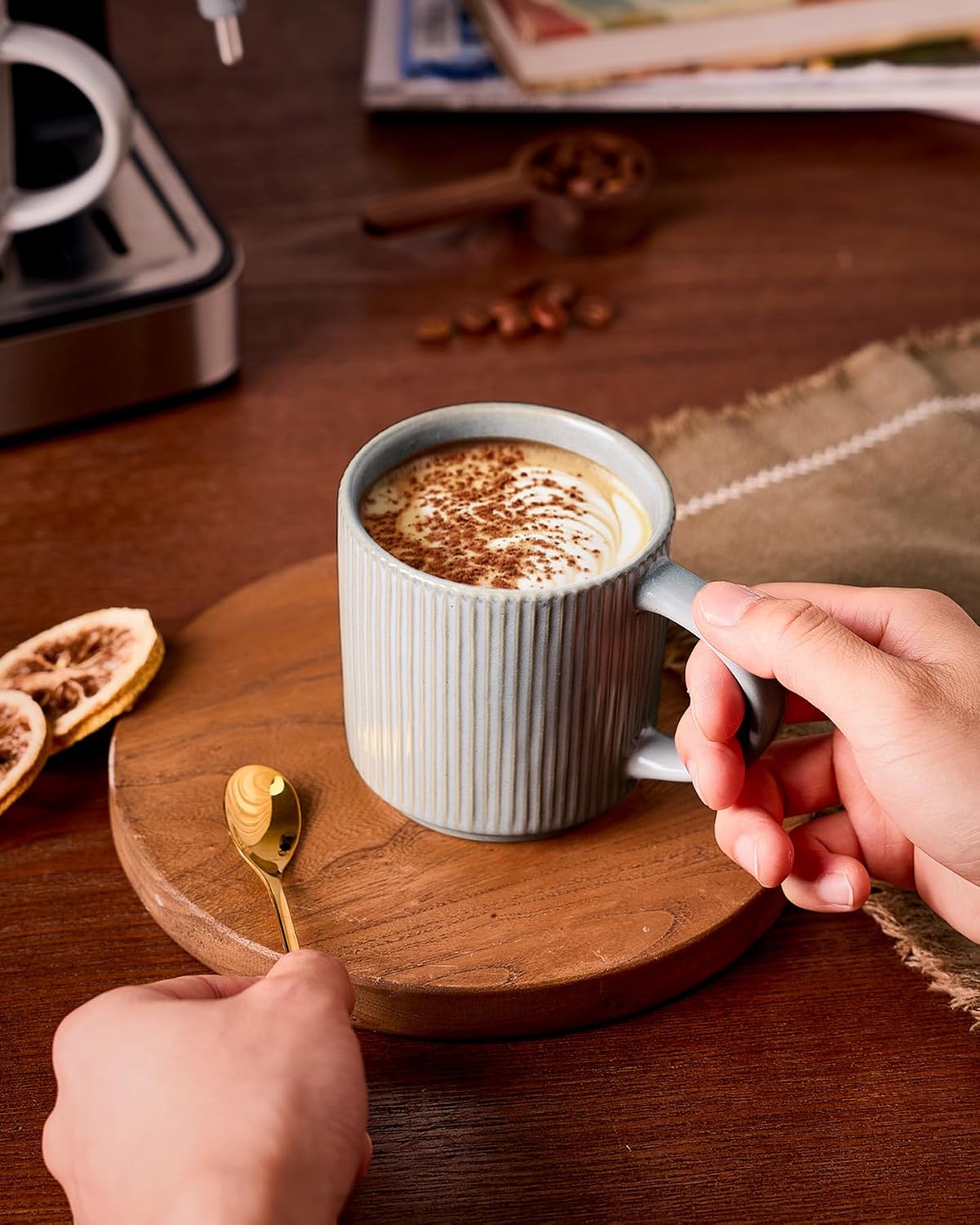 famiware Coffee Mug Set for 4, Star 12 oz Catering Mugs Cup Set with Handle for Coffee, Tea, Cocoa, Milk - Ceramic Stoneware Drinkware Set, Matte Grey