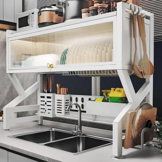 Kitchen sink rack dishwashing sink countertop dustproof cupboard storage multifunctional tableware storage drain rack double layer,KeepKitchen Sink Shlef Organized Space-Saving(White,65cm/25.6in)